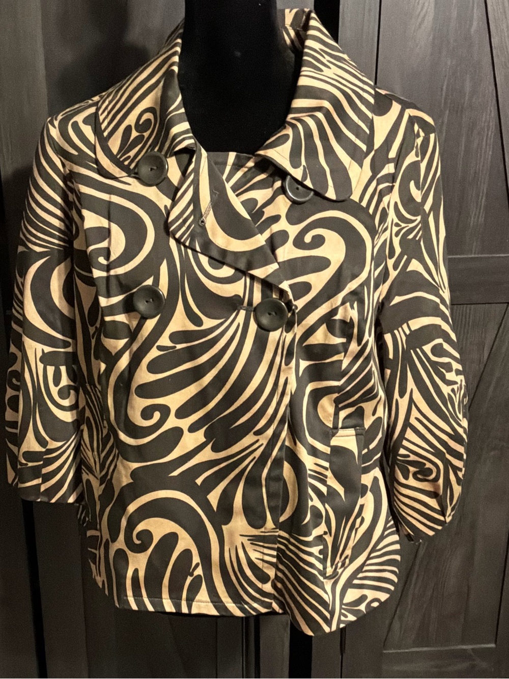 Women's Black & Tan Patterned Double-Breasted Pea Coat